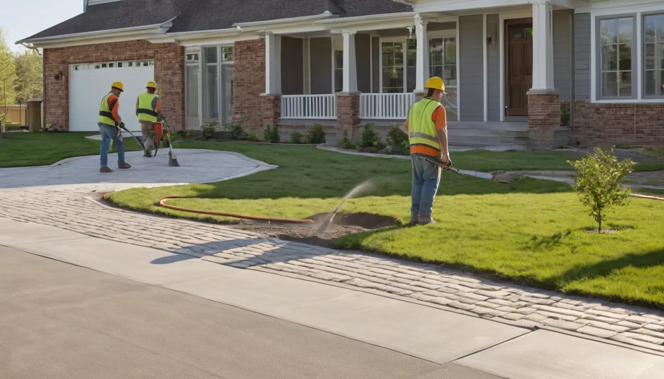 A fresh broom-finished concrete driveway beside a brick ranch home in Lebanon